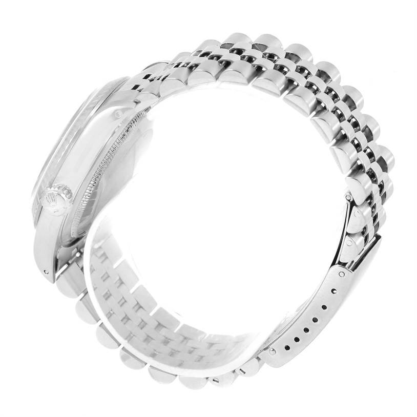 The image shows a side view of the Rolex Datejust 16234 Men's Stainless Steel Silver Dial 16234 Men's Stainless Steel Silver Dial watch, highlighting its jubilee bracelet and clasp.