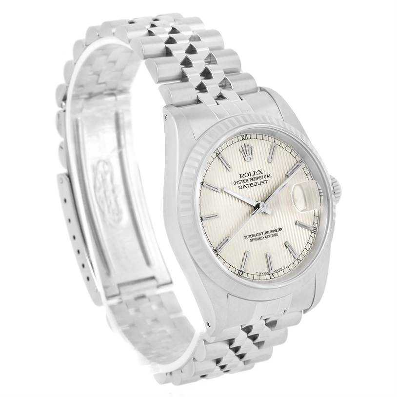 The image shows a Rolex Datejust 16234 Men's Stainless Steel Silver Dial 16234 Men's Stainless Steel Silver Dial watch from a three-quarter angle, highlighting the face, bezel, and part of the bracelet.