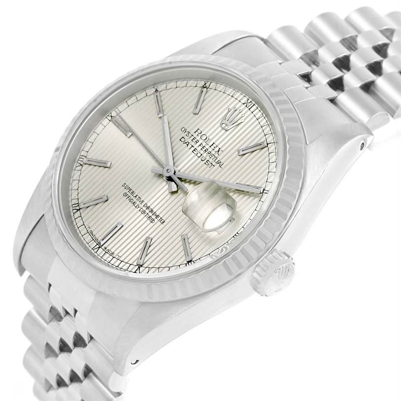 The image shows the Rolex Datejust 16234 Men's Stainless Steel Silver Dial 16234 Men's Stainless Steel Silver Dial watch at an angled front view, highlighting the dial, bezel, and part of the bracelet.