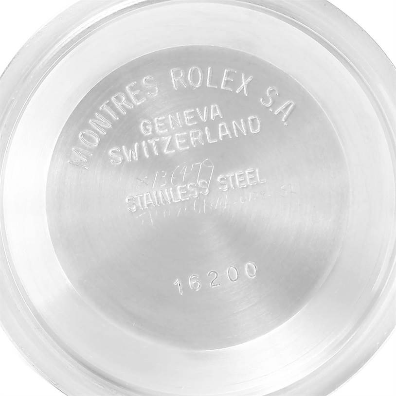 This image shows the inside of the case back of a Rolex Datejust 16234 Men's Stainless Steel Silver Dial 16234 Men's Stainless Steel Silver Dial model, displaying its engravings.