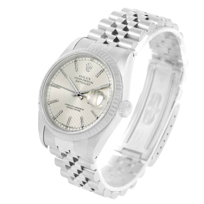 This image shows a Rolex Datejust 16234 Men's Stainless Steel Silver Dial 16234 Men's Stainless Steel Silver Dial watch angled from the front and side, showcasing the dial, crown, and Jubilee bracelet.