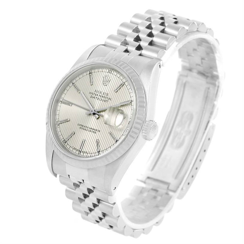 Rolex Datejust Steel 18K White Gold Silver Tapestry Dial Watch 16234 SwissWatchExpo