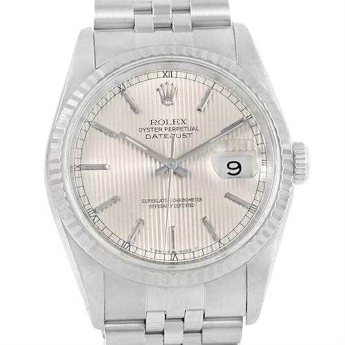 Photo of Rolex Datejust Steel 18K White Gold Silver Tapestry Dial Watch 16234