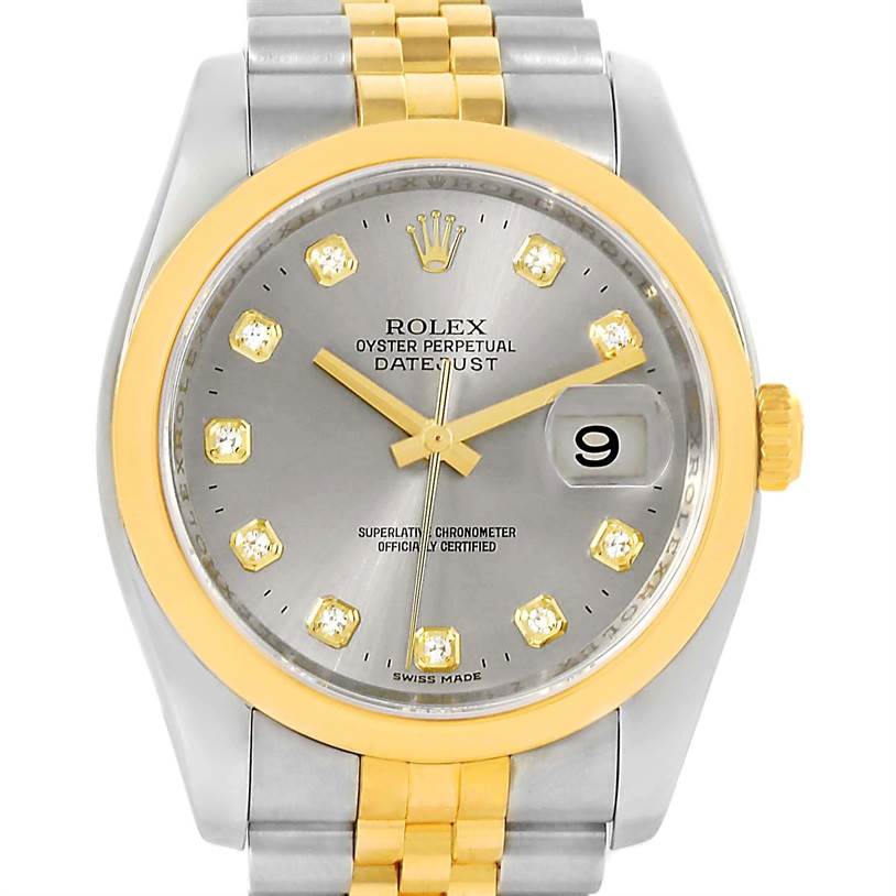 The image shows a front view of a Rolex Datejust 116203 Men's Stainless Steel Grey Dial 116203 Men's Stainless Steel Grey Dial watch featuring a silver dial, gold-tone hour markers, and a two-tone bracelet.