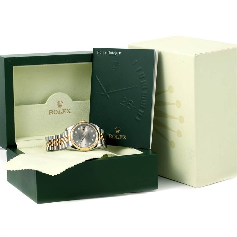 The image shows the Rolex Datejust 116203 Men's Stainless Steel Grey Dial 116203 Men's Stainless Steel Grey Dial watch inside its box with a Rolex manual and outer packaging displayed at an angled view.