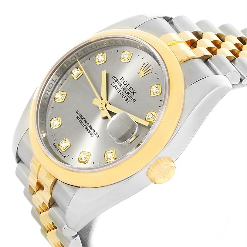 The image shows a close-up angle of the Rolex Datejust 116203 Men's Stainless Steel Grey Dial 116203 Men's Stainless Steel Grey Dial watch, highlighting the dial, bezel, and part of the bracelet.