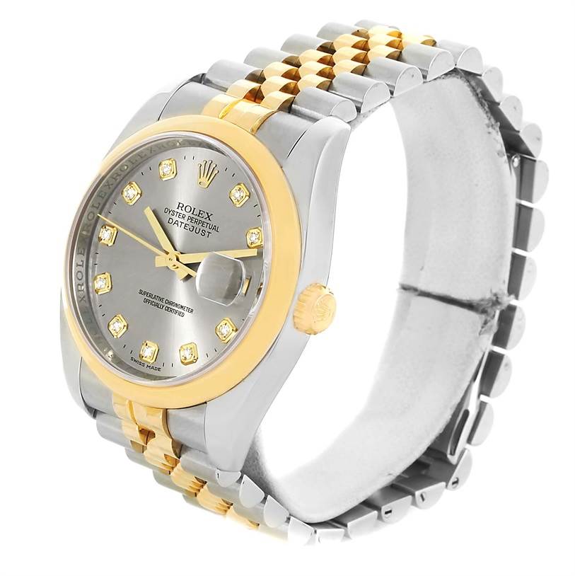 The image shows a Rolex Datejust 116203 Men's Stainless Steel Grey Dial 116203 Men's Stainless Steel Grey Dial watch at a 3/4 angle, highlighting its face, bezel, and two-tone bracelet.