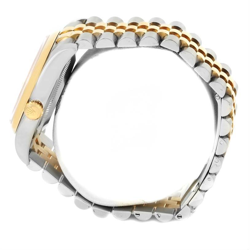 The image shows a Rolex Datejust 116203 Men's Stainless Steel Grey Dial 116203 Men's Stainless Steel Grey Dial watch from a side profile, highlighting the crown and two-tone bracelet.