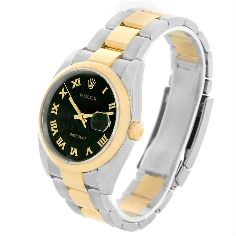 The image shows a three-quarter view of a Rolex Datejust 116203 Men's Stainless Steel Black Dial 116203 Men's Stainless Steel Black Dial watch, highlighting its two-tone bracelet, black dial, and Roman numerals.