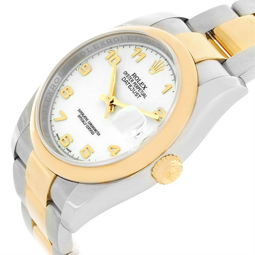 The image shows a Rolex Datejust 116203 Men's Stainless Steel White Dial 116203 Men's Stainless Steel White Dial watch from an angled side view, highlighting the dial, bezel, crown, and part of the bracelet.