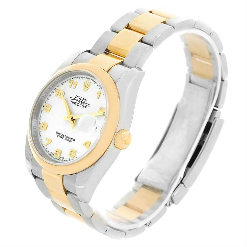 This Rolex Datejust 116203 Men's Stainless Steel White Dial 116203 Men's Stainless Steel White Dial watch is shown from a three-quarter angle, displaying the face, crown, and bracelet.