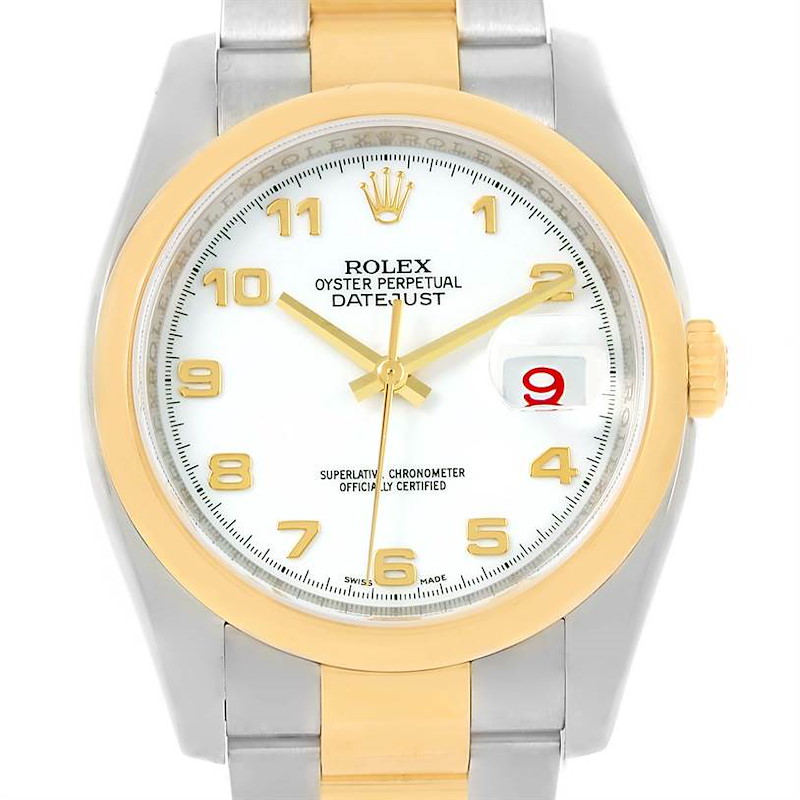 Rolex Datejust Steel Yellow Gold White Arabic Dial Mens Watch 116203 SwissWatchExpo