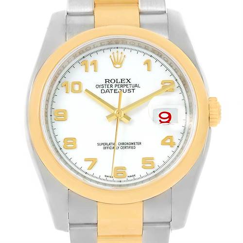 Photo of Rolex Datejust Steel Yellow Gold White Arabic Dial Mens Watch 116203