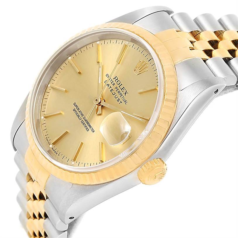 The image shows a Rolex Datejust 16233 Men's Steel and Gold (two tone) Champagne Dial 16233 Men's Steel and Gold (two tone) Champagne Dial watch from a three-quarter angle, highlighting the dial, bezel, crown, and part of the bracelet.