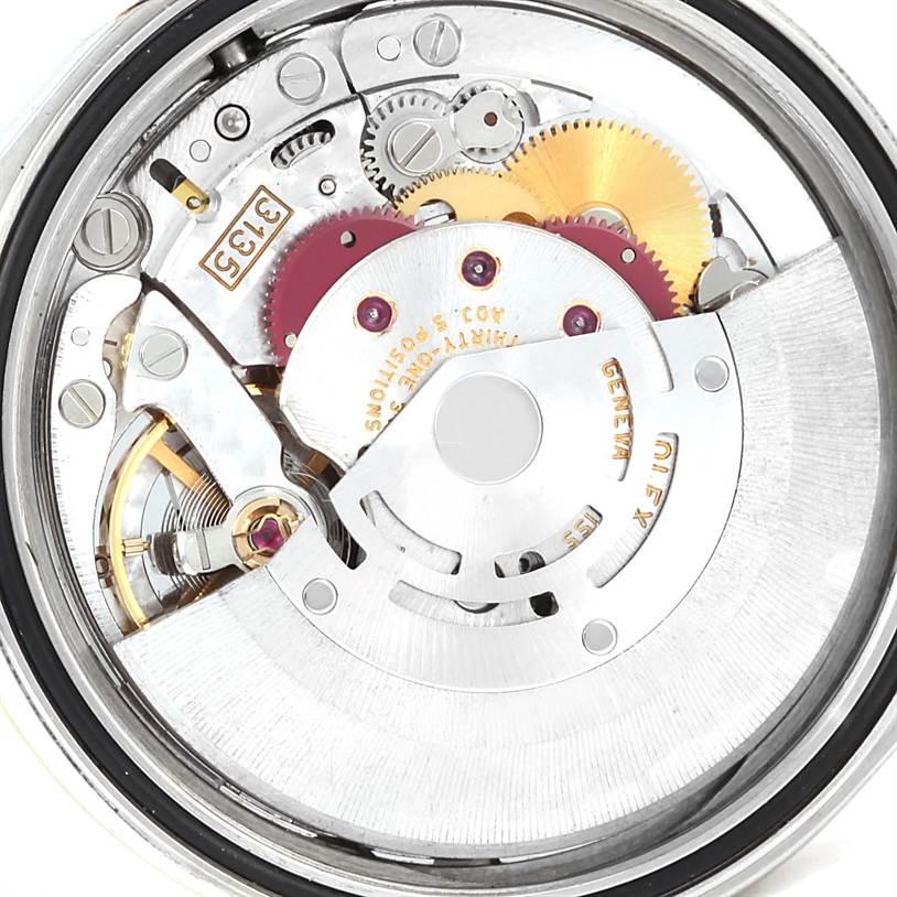 This image shows an angled view of the movement and mechanism of a Rolex Datejust 16233 Men's Steel and Gold (two tone) Champagne Dial 16233 Men's Steel and Gold (two tone) Champagne Dial watch.