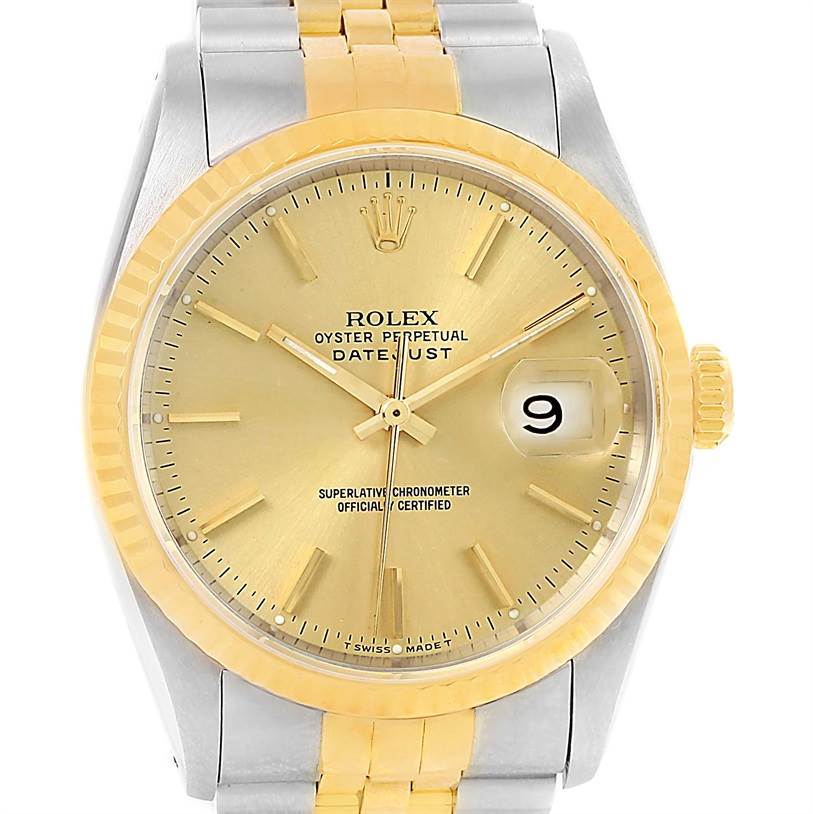 The image shows a front view of a Rolex Datejust 16233 Men's Steel and Gold (two tone) Champagne Dial 16233 Men's Steel and Gold (two tone) Champagne Dial watch, highlighting the dial, hour markers, hands, and bracelet.