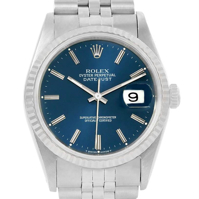 This image shows a front view of a Rolex Datejust 16234 Men's Stainless Steel Blue Dial 16234 Men's Stainless Steel Blue Dial watch, highlighting the blue dial, date window, and metal bracelet.