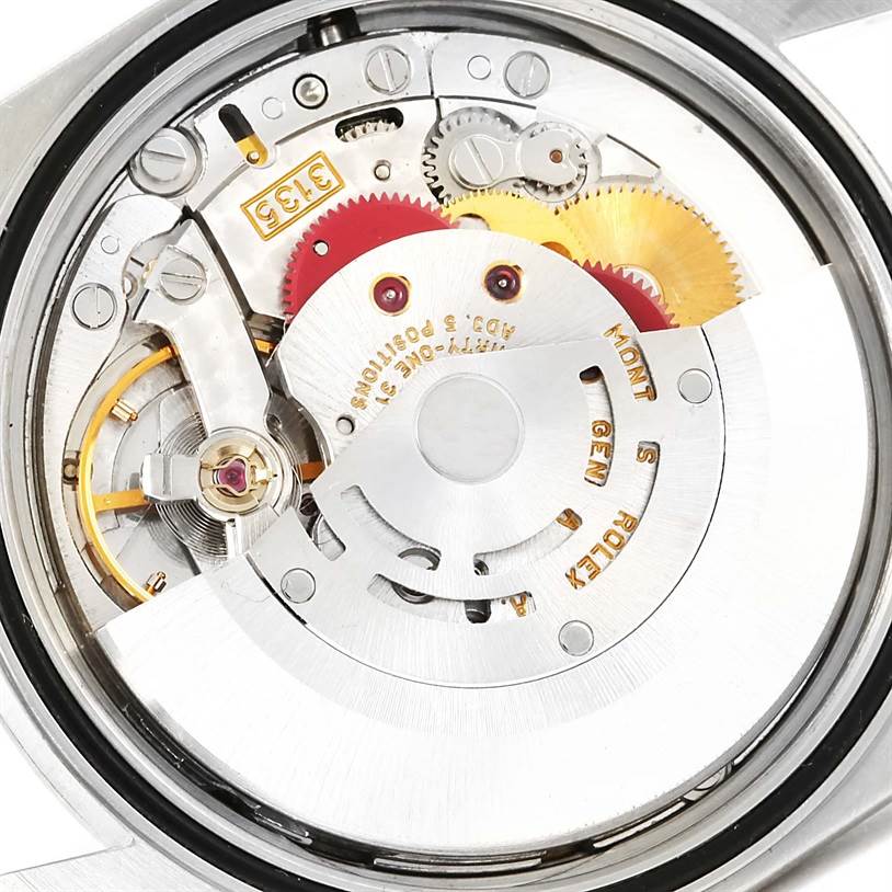 The image shows the movement and inner workings of a Rolex Datejust 16234 Men's Stainless Steel Blue Dial 16234 Men's Stainless Steel Blue Dial watch from a back, close-up angle.