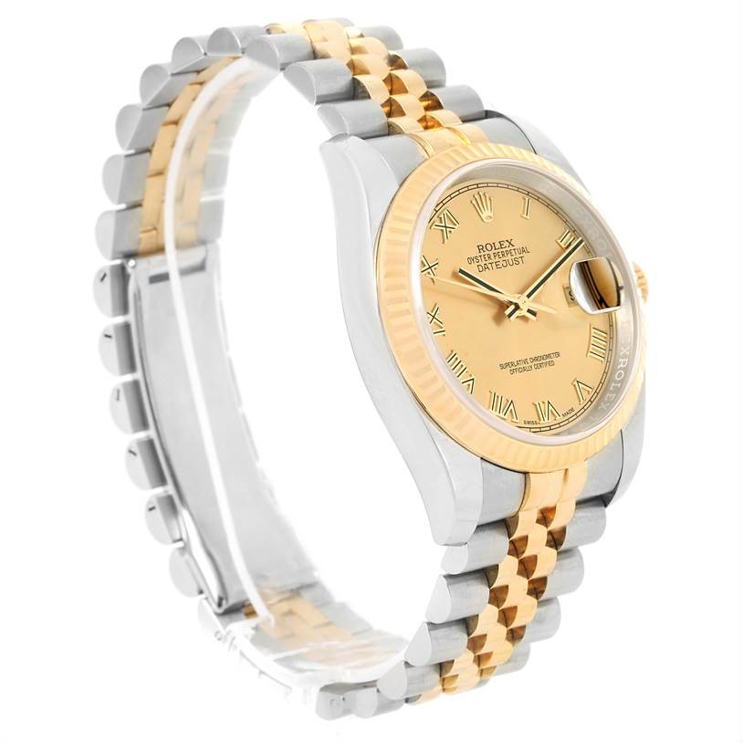 The image shows a Rolex Datejust 116233 Men's Stainless Steel Champagne Dial 116233 Men's Stainless Steel Champagne Dial watch at a side angle, highlighting its two-tone bracelet, gold dial, and fluted bezel.
