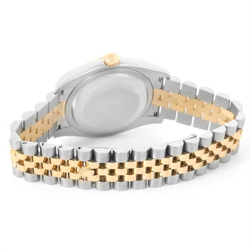 This image shows the back view of a Rolex Datejust 116233 Men's Stainless Steel Champagne Dial 116233 Men's Stainless Steel Champagne Dial watch, highlighting the case and Jubilee bracelet in two-tone metal.