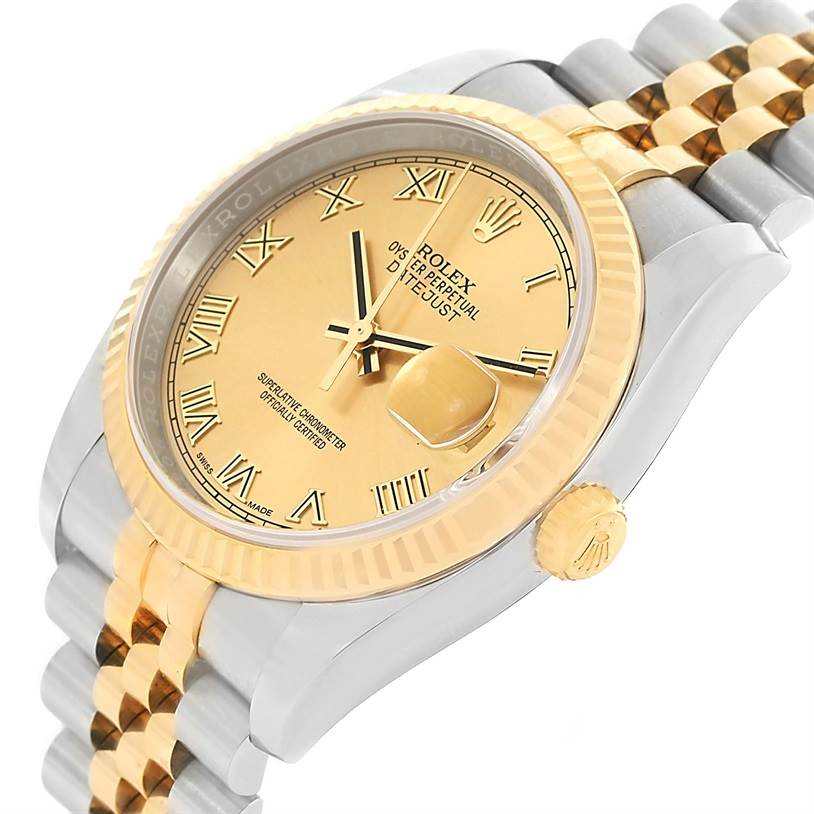 The image shows a Rolex Datejust 116233 Men's Stainless Steel Champagne Dial 116233 Men's Stainless Steel Champagne Dial watch at an oblique angle, highlighting its gold dial, fluted bezel, and two-tone bracelet.