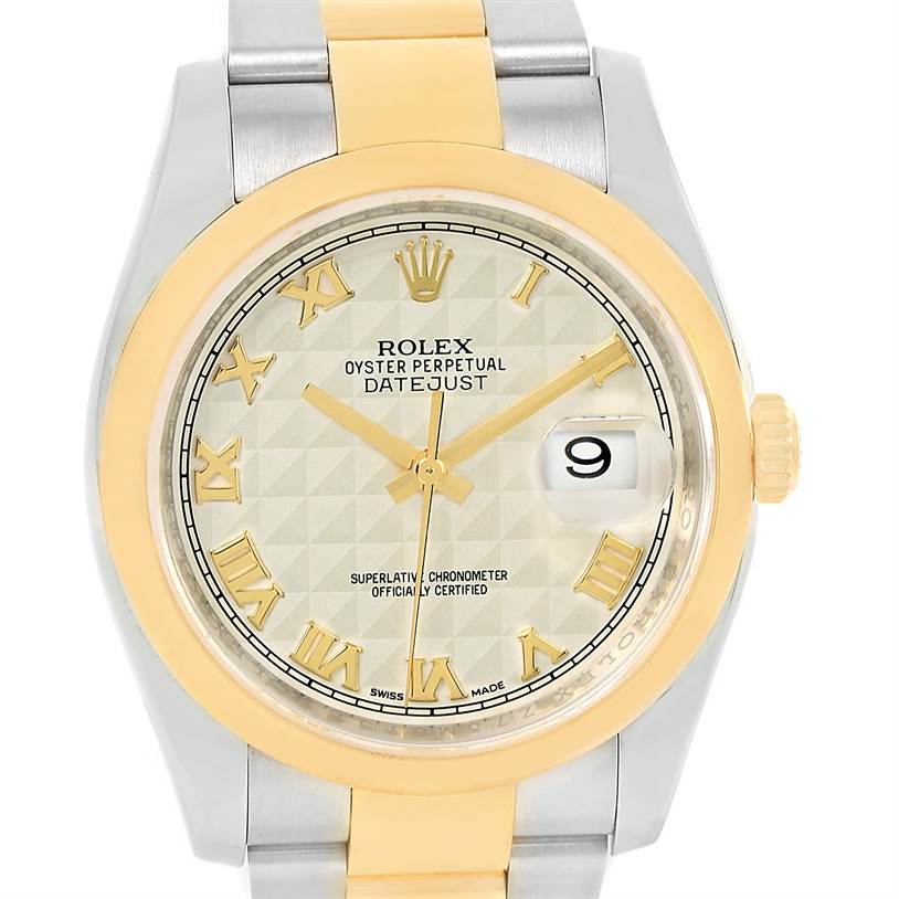This image shows a frontal view of the Rolex Datejust 116203 Men's Stainless Steel Beige Dial 116203 Men's Stainless Steel Beige Dial watch, displaying the dial, bezel, and part of the bracelet.