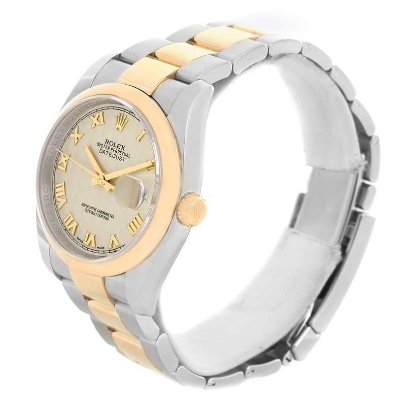 This Rolex Datejust 116203 Men's Stainless Steel Beige Dial 116203 Men's Stainless Steel Beige Dial watch is shown at a side angle, displaying the dial, bezel, crown, and part of the bracelet.
