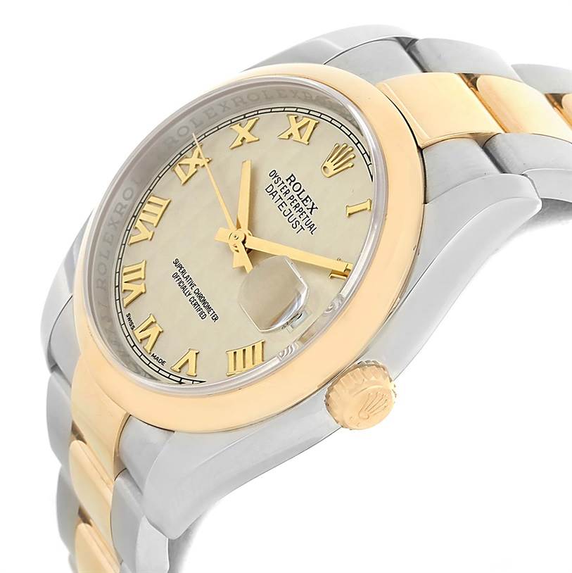 This image shows a Rolex Datejust 116203 Men's Stainless Steel Beige Dial 116203 Men's Stainless Steel Beige Dial watch at an angle highlighting the dial, bezel, crown, and part of the bracelet.