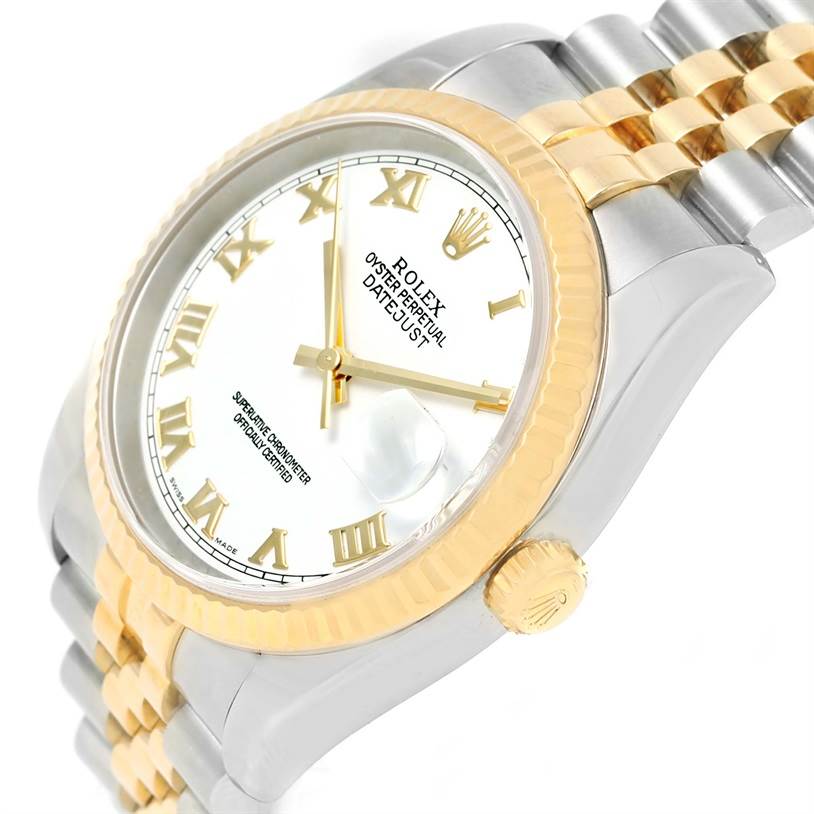 The image shows a side view of a Rolex Datejust 116233 Men's Stainless Steel White Dial 116233 Men's Stainless Steel White Dial, highlighting the dial, bezel, crown, and a portion of the bracelet.