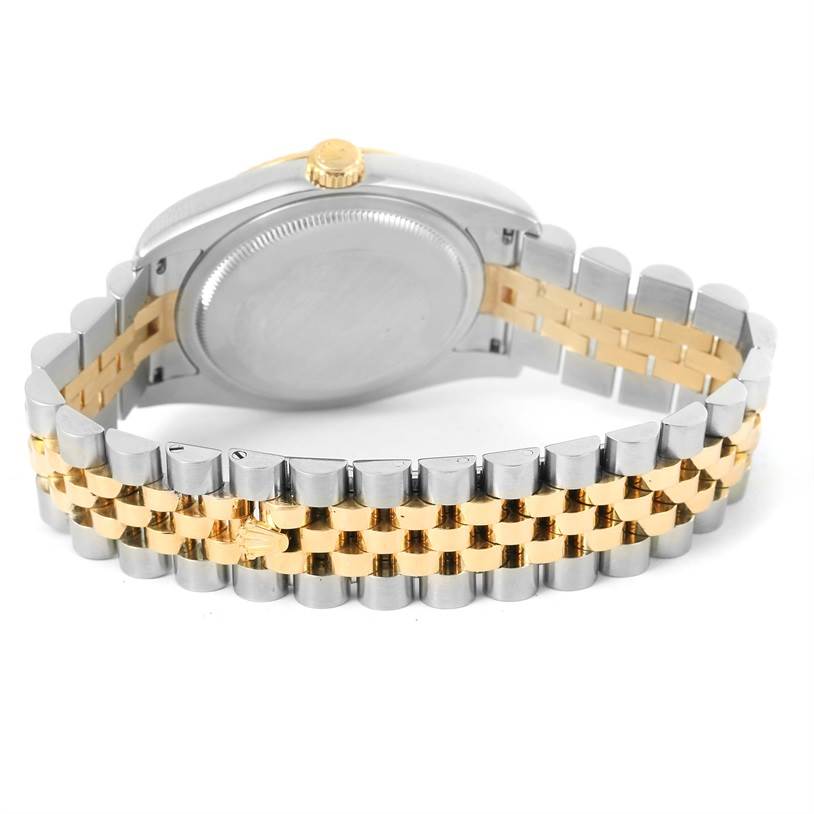 The image shows the back view of a Rolex Datejust 116233 Men's Stainless Steel White Dial 116233 Men's Stainless Steel White Dial watch, emphasizing the caseback and the two-tone bracelet.