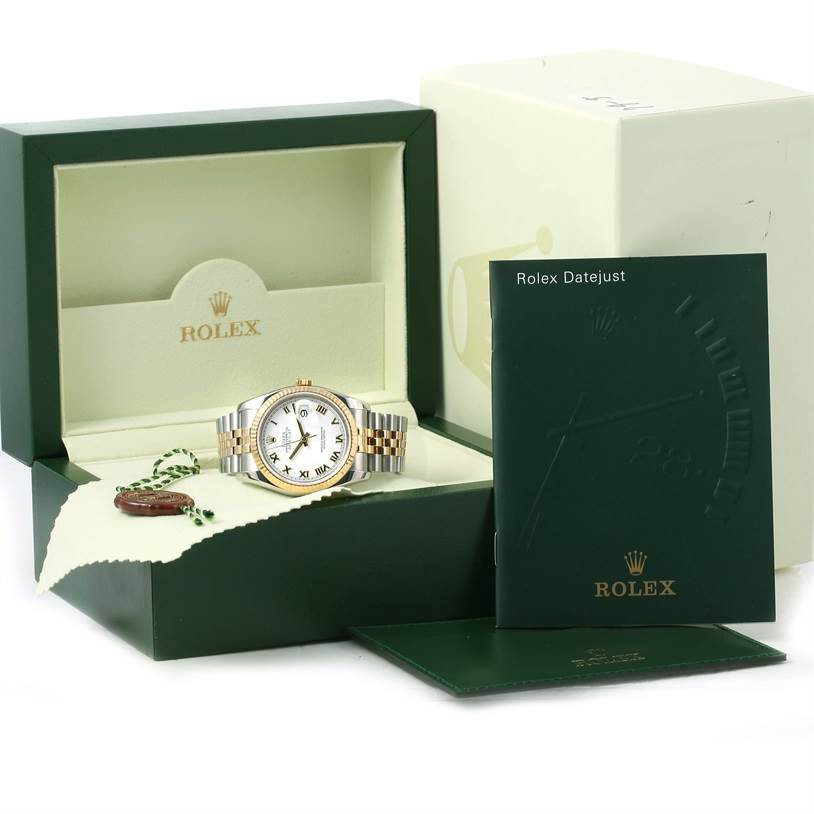 The image shows a Rolex Datejust 116233 Men's Stainless Steel White Dial 116233 Men's Stainless Steel White Dial watch and its accessories, including the watch box, booklet, and tag, viewed from a front angle.