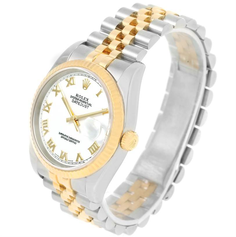 This image shows a Rolex Datejust 116233 Men's Stainless Steel White Dial 116233 Men's Stainless Steel White Dial watch from a three-quarter view, highlighting the dial, bezel, crown, and two-tone bracelet.