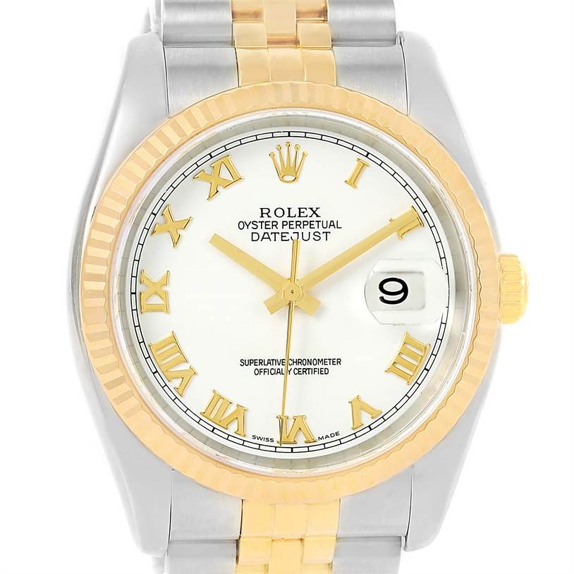 The image shows a Rolex Datejust 116233 Men's Stainless Steel White Dial 116233 Men's Stainless Steel White Dial watch with a two-tone metal bracelet, fluted bezel, white dial, and Roman numeral hour markers.