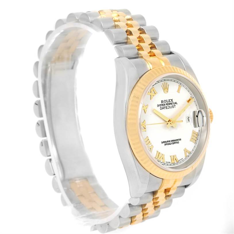This image shows a side view of a Rolex Datejust 116233 Men's Stainless Steel White Dial 116233 Men's Stainless Steel White Dial watch, highlighting its two-tone bracelet, bezel, and dial. 