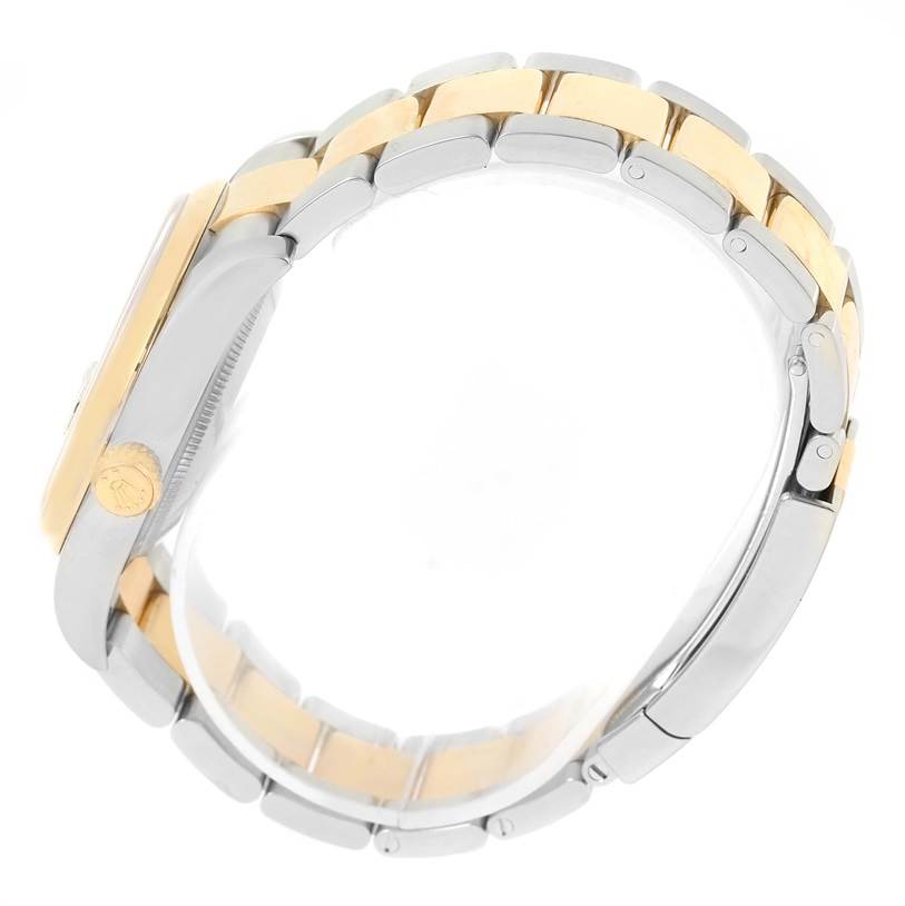 This image shows a side profile view of a Rolex Datejust 116203 Men's Stainless Steel Brown Dial 116203 Men's Stainless Steel Brown Dial watch, focusing on the case and two-tone bracelet.