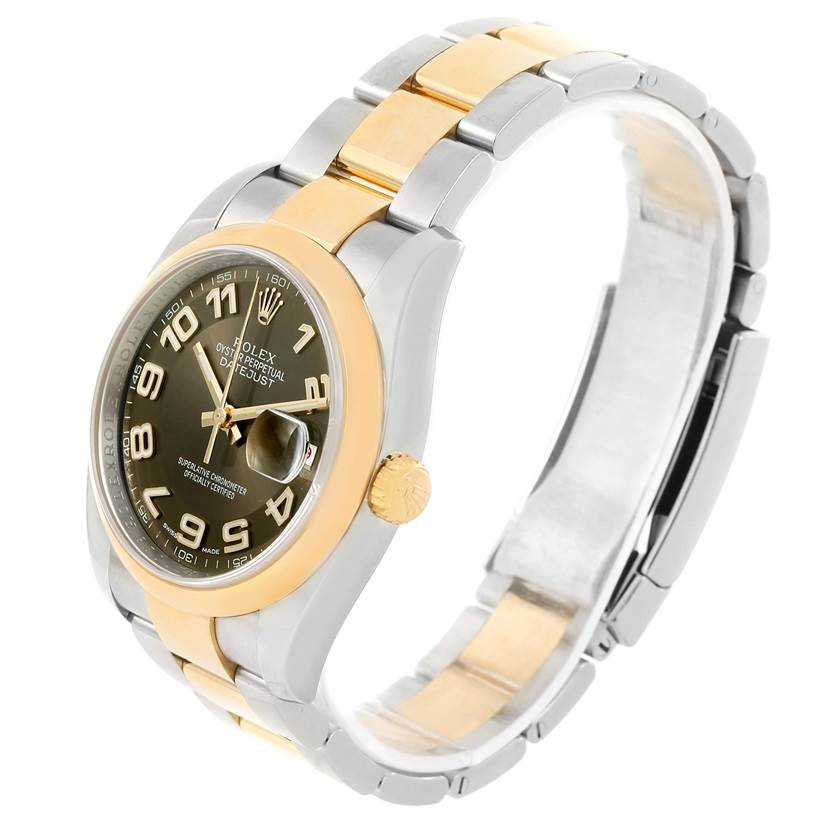 This image shows a Rolex Datejust 116203 Men's Stainless Steel Brown Dial 116203 Men's Stainless Steel Brown Dial watch at a three-quarter angle, displaying its face, bracelet, and crown.