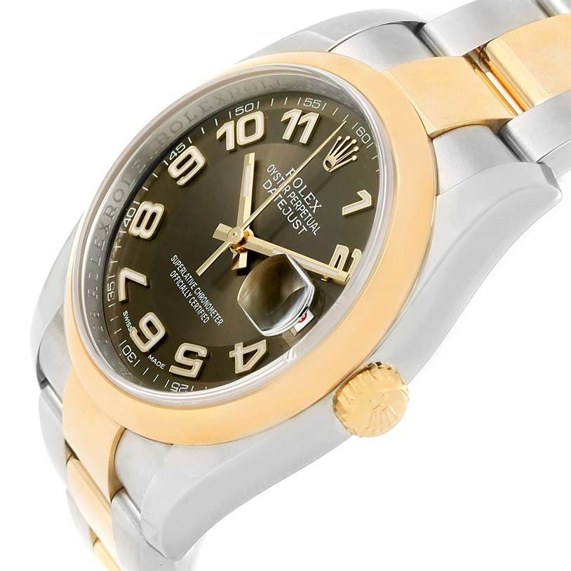 The image shows a close-up side view of a Rolex Datejust 116203 Men's Stainless Steel Brown Dial 116203 Men's Stainless Steel Brown Dial watch, highlighting its dial, bezel, crown, and bracelet.