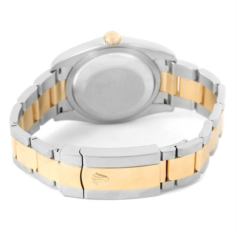 The image shows the back case and bracelet of a Rolex Datejust 116203 Men's Stainless Steel Brown Dial 116203 Men's Stainless Steel Brown Dial watch, highlighting its two-tone metal design and clasp.