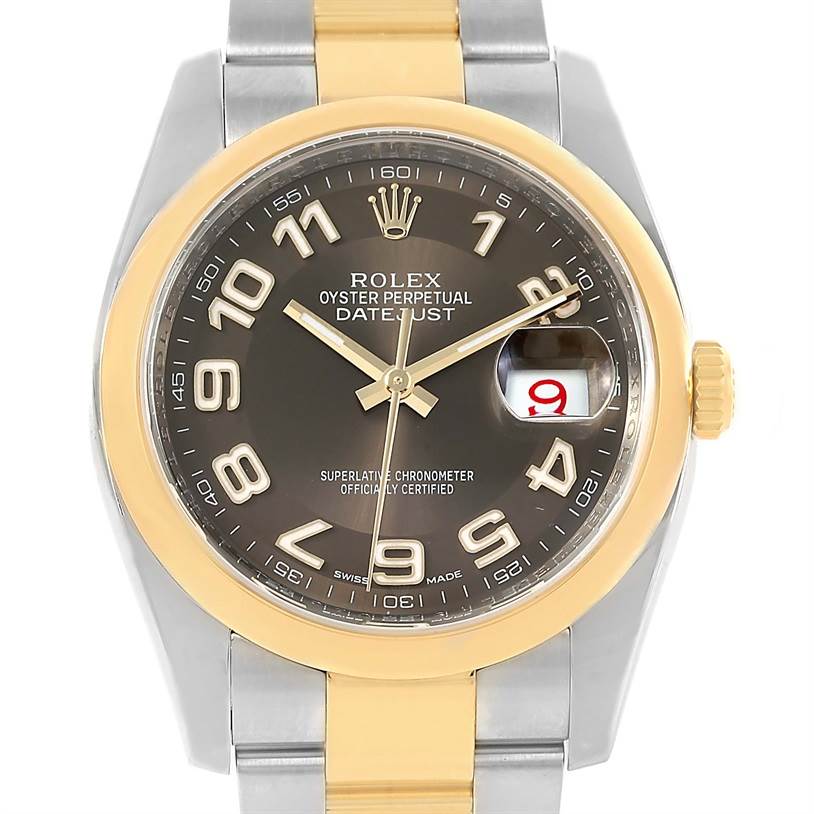 The image displays a frontal view of a Rolex Datejust 116203 Men's Stainless Steel Brown Dial 116203 Men's Stainless Steel Brown Dial watch, showing its dial, bezel, crown, bracelet, and date window.