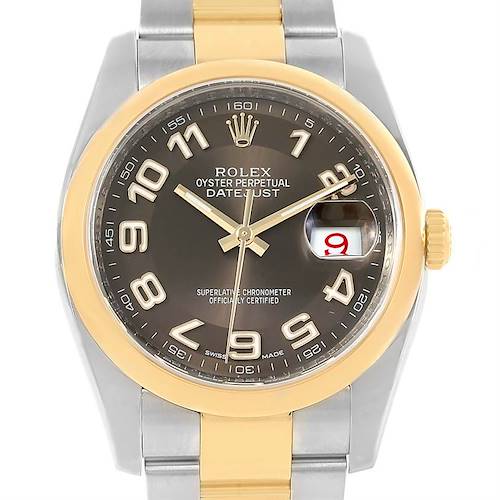 Photo of Rolex Datejust Steel Yellow Gold Brown Arabic Dial Mens Watch 116203