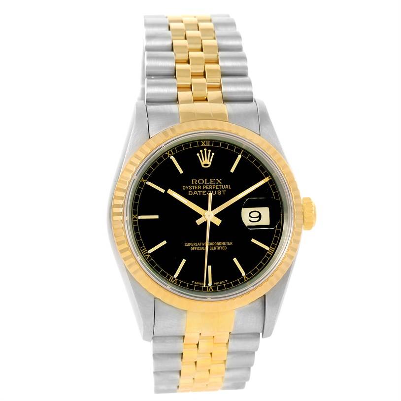 This image shows a front view of a Rolex Datejust 16233 Men's Steel and Gold (two tone) Black Dial 16233 Men's Steel and Gold (two tone) Black Dial watch, highlighting the face, bezel, and two-tone bracelet.