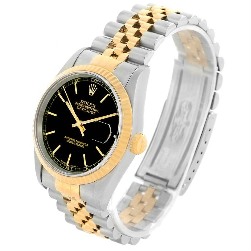The image shows a Rolex Datejust 16233 Men's Steel and Gold (two tone) Black Dial 16233 Men's Steel and Gold (two tone) Black Dial watch from a three-quarter angle, displaying the face, bezel, and metal bracelet.