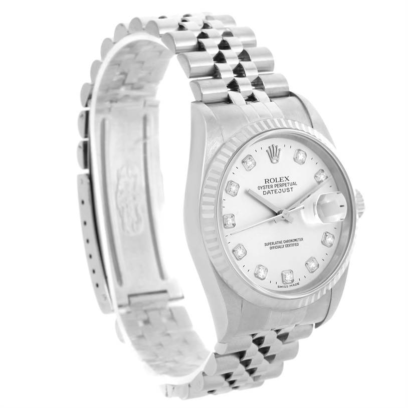The image shows a side angle of the Rolex Datejust 16234 Men's Stainless Steel Silver Dial 16234 Men's Stainless Steel Silver Dial watch, highlighting its dial, bezel, and bracelet.