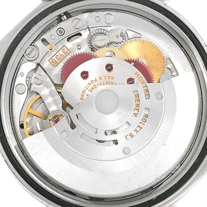 This image shows the internal mechanisms of a Rolex Datejust 16234 Men's Stainless Steel Silver Dial 16234 Men's Stainless Steel Silver Dial watch, viewed from the back with the case removed.