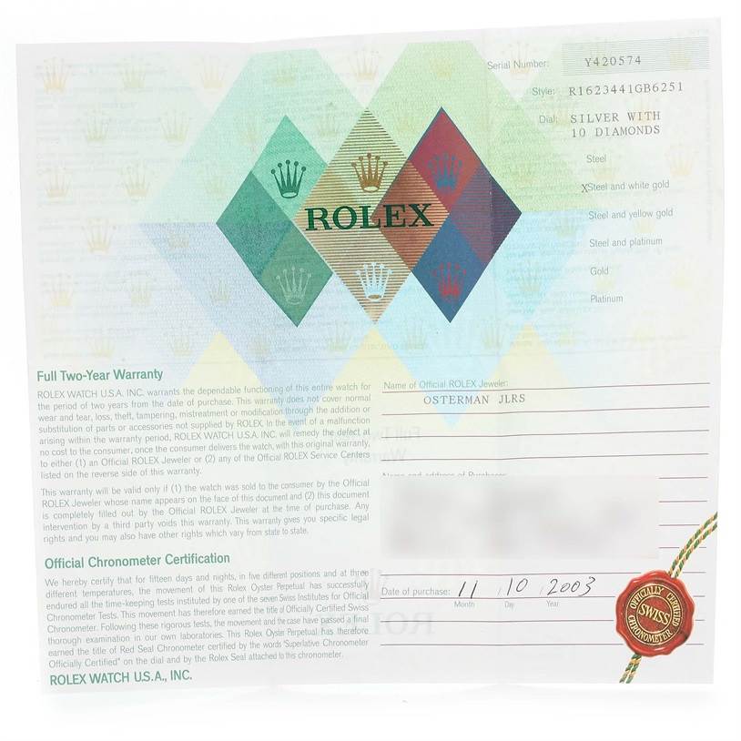 This image shows the warranty card for a Rolex Datejust 16234 Men's Stainless Steel Silver Dial 16234 Men's Stainless Steel Silver Dial watch, including purchase details and official certification.