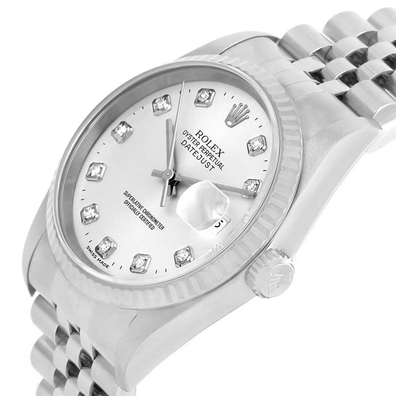 The image shows a Rolex Datejust 16234 Men's Stainless Steel Silver Dial 16234 Men's Stainless Steel Silver Dial watch at a slight angle, highlighting the face, crown, bezel, and Jubilee bracelet.