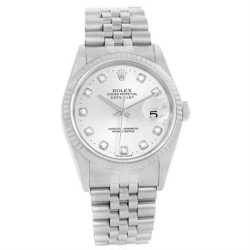 The image shows a front view of a Rolex Datejust 16234 Men's Stainless Steel Silver Dial 16234 Men's Stainless Steel Silver Dial watch, displaying the dial, bracelet, and the date feature.