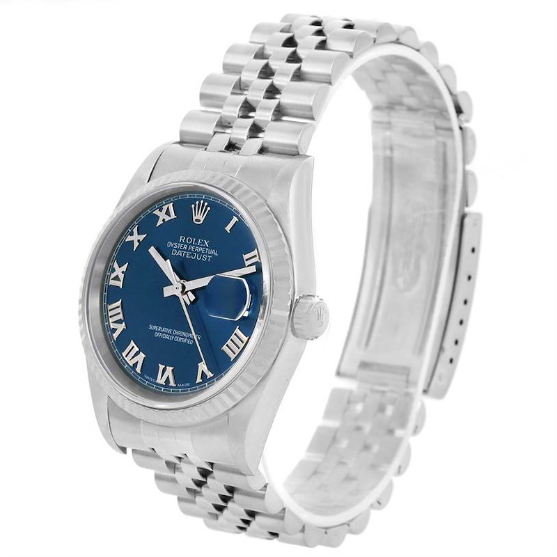 Rolex Datejust Steel 18K White Gold Blue Roman Dial Mens Watch 16234 SwissWatchExpo