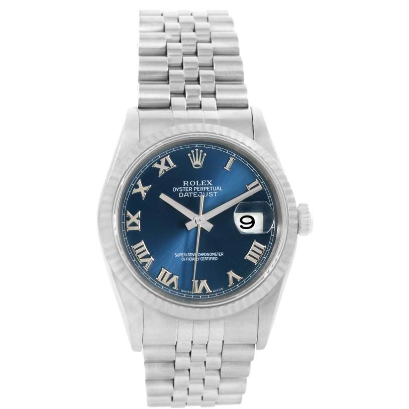 The image shows a frontal view of a Rolex Datejust 16234 Men
s Stainless Steel Blue Dial 16234 Men
s Stainless Steel Blue Dial watch, displaying its face, bezel, and bracelet.