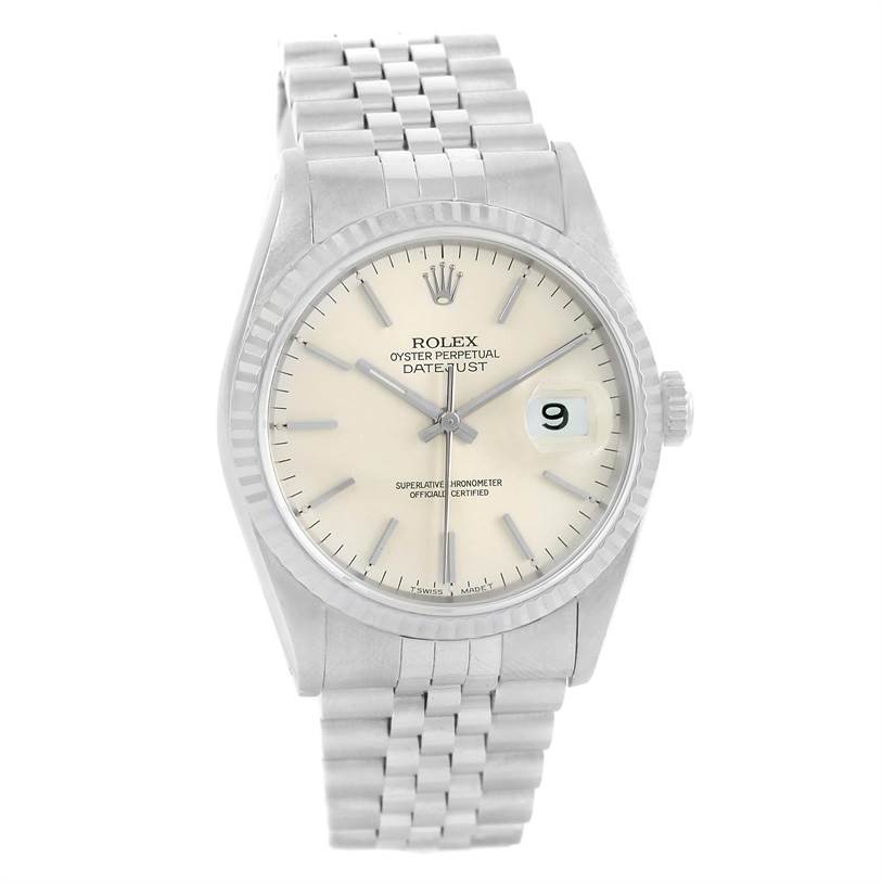 The image shows a Rolex Datejust 16234 Men's Stainless Steel Silver Dial 16234 Men's Stainless Steel Silver Dial watch with a full view of the face, bezel, crown, and stainless steel bracelet.